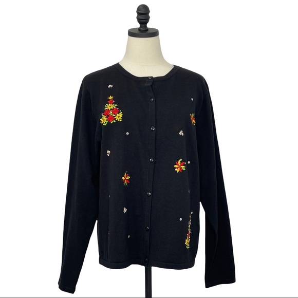 Poinsettia Christmas Tree Theme Cardigan Black with Red & Yellow Size XL - Picture 1 of 11